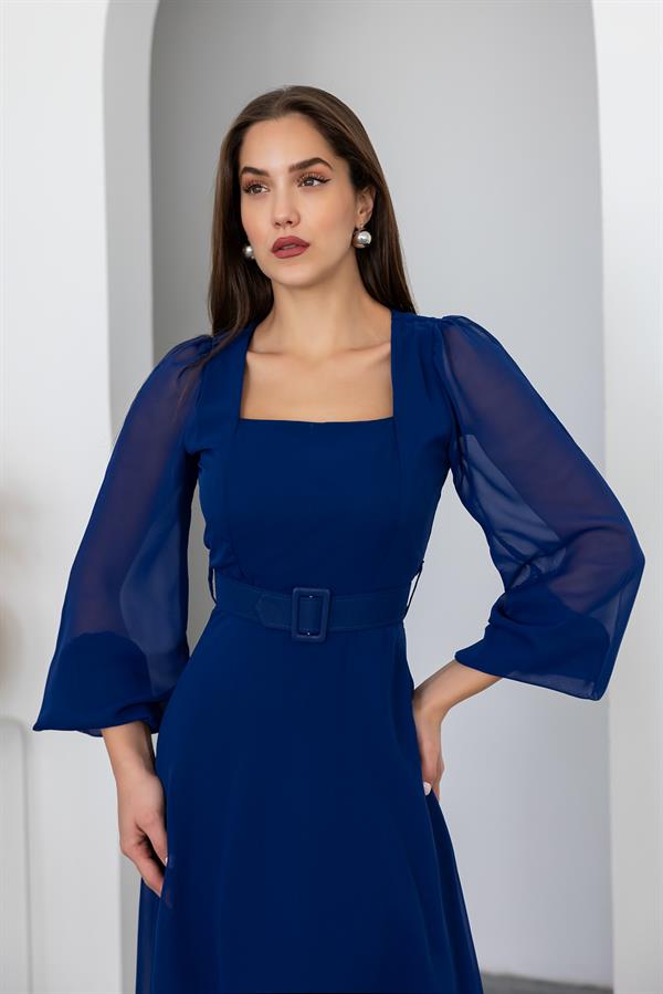 Kare Yaka Şifon Elbise - SAKS