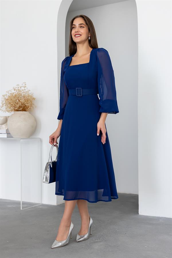 Kare Yaka Şifon Elbise - SAKS