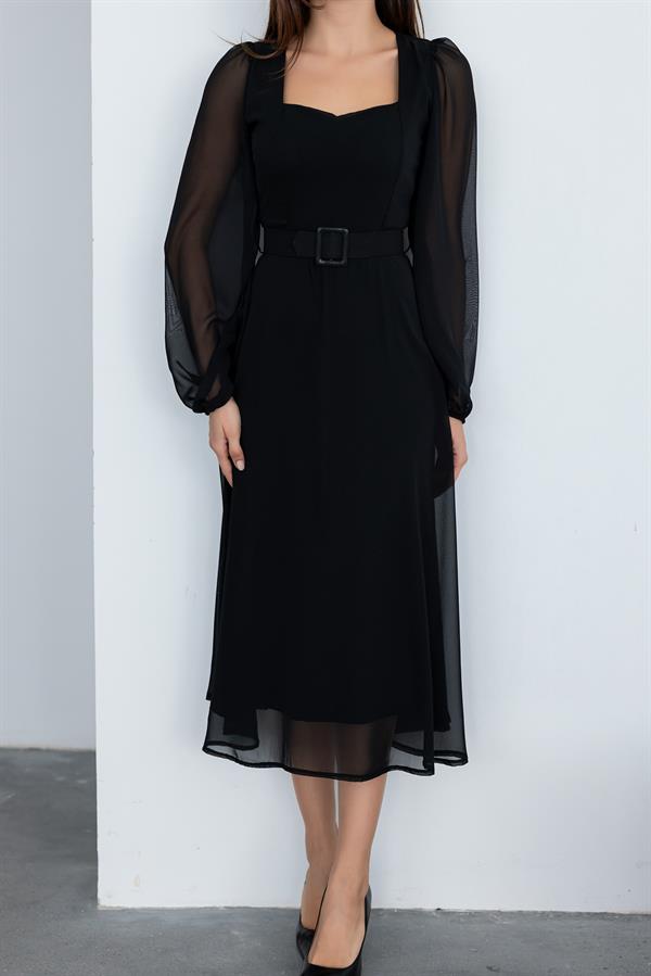 Kare Yaka Şifon Elbise - SİYAH