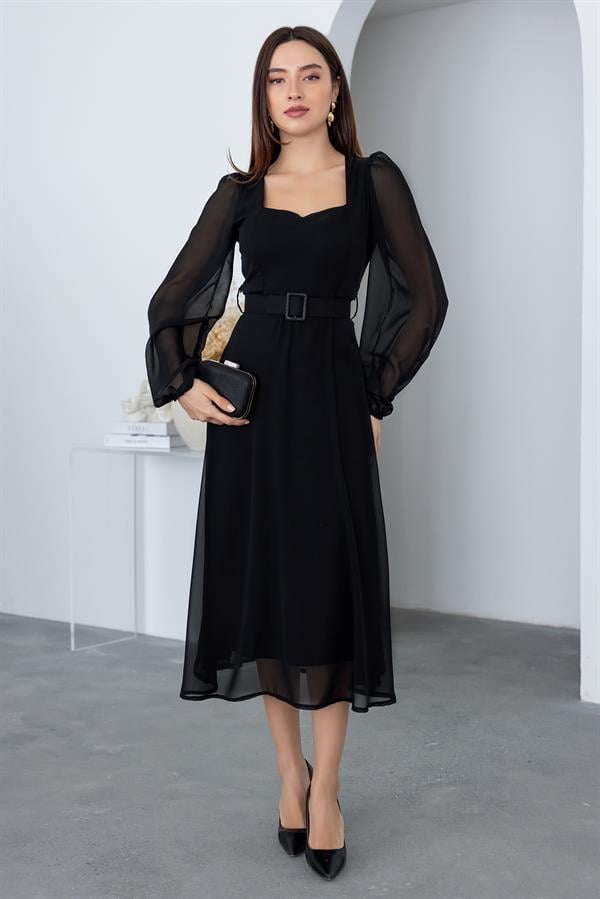 Kare Yaka Şifon Elbise - SİYAH