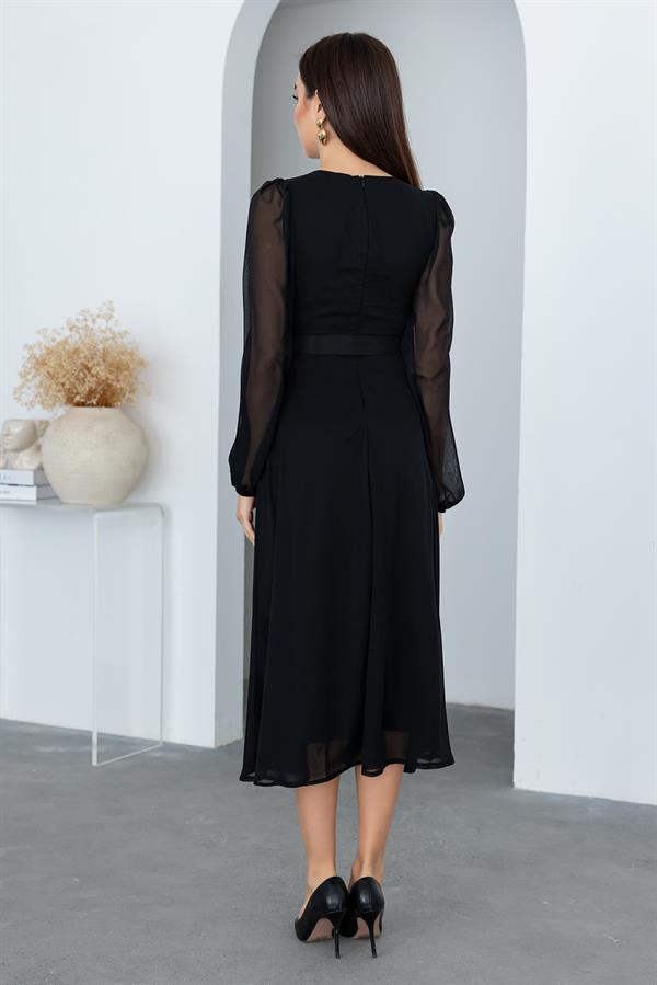 Kare Yaka Şifon Elbise - SİYAH