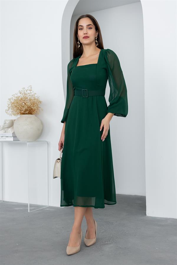 Kare Yaka Şifon Elbise - ZÜMRÜT YEŞİL