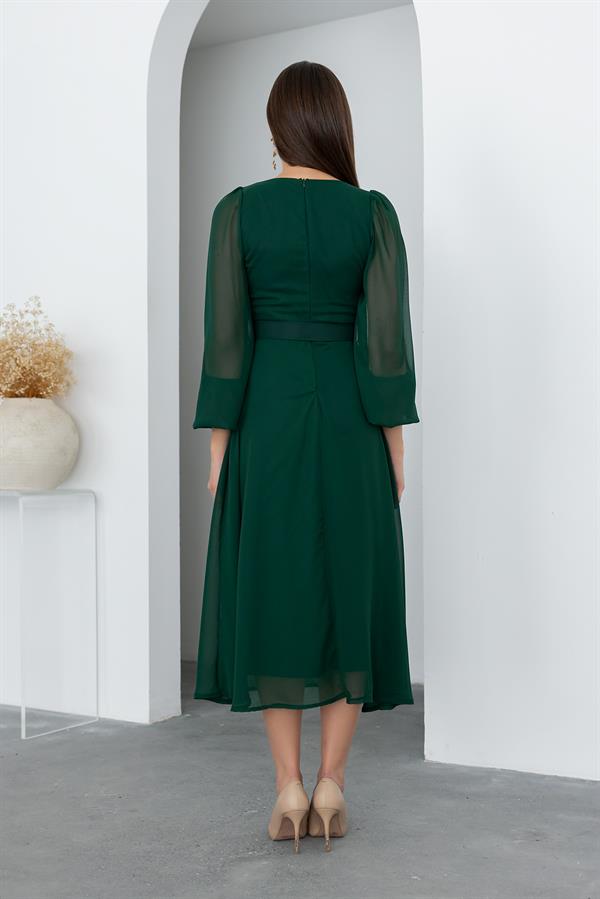 Kare Yaka Şifon Elbise - ZÜMRÜT YEŞİL