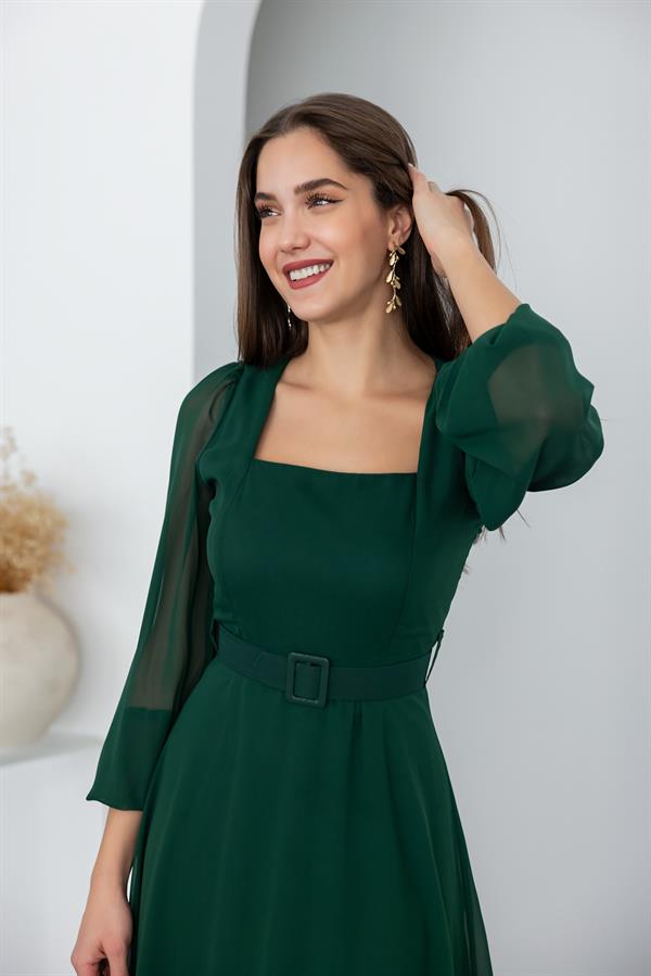 Kare Yaka Şifon Elbise - ZÜMRÜT YEŞİL