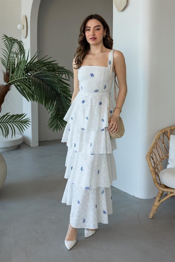 Kat Kat Brode Elbise - BEYAZ