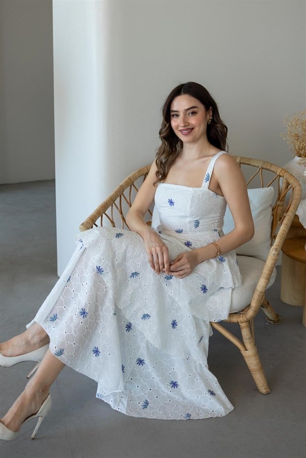 Kat Kat Brode Elbise - BEYAZ