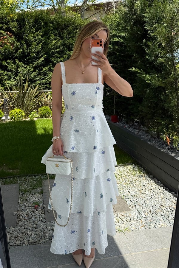 Kat Kat Brode Elbise - BEYAZ