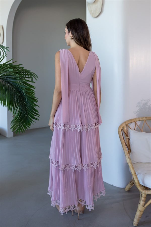 Kat Kat Pliseli Güpürlü Elbise - PEMBE