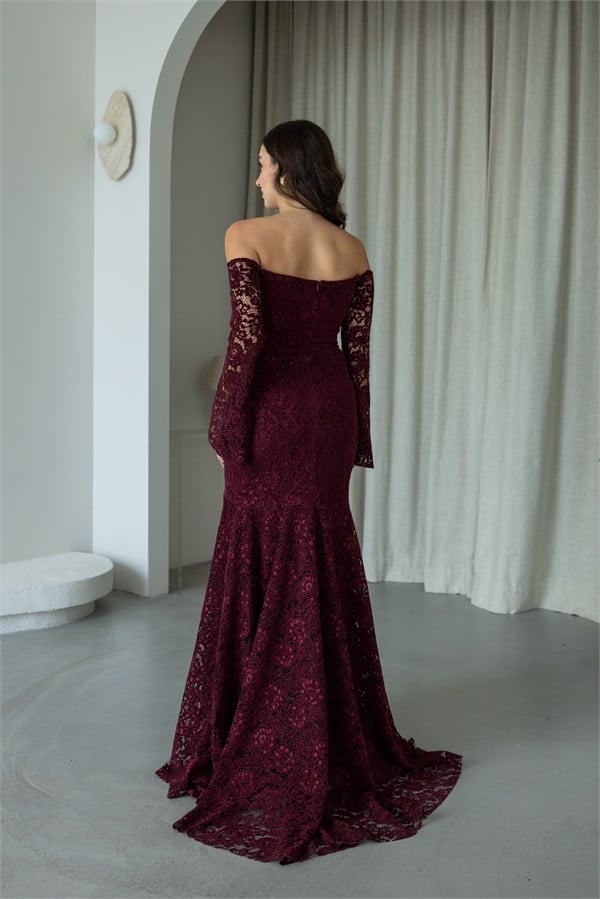 Kayık Yaka Dantel Balık Abiye - BORDO