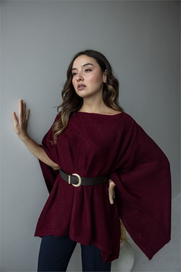 Kayık Yaka Salaş Triko Panço - BORDO