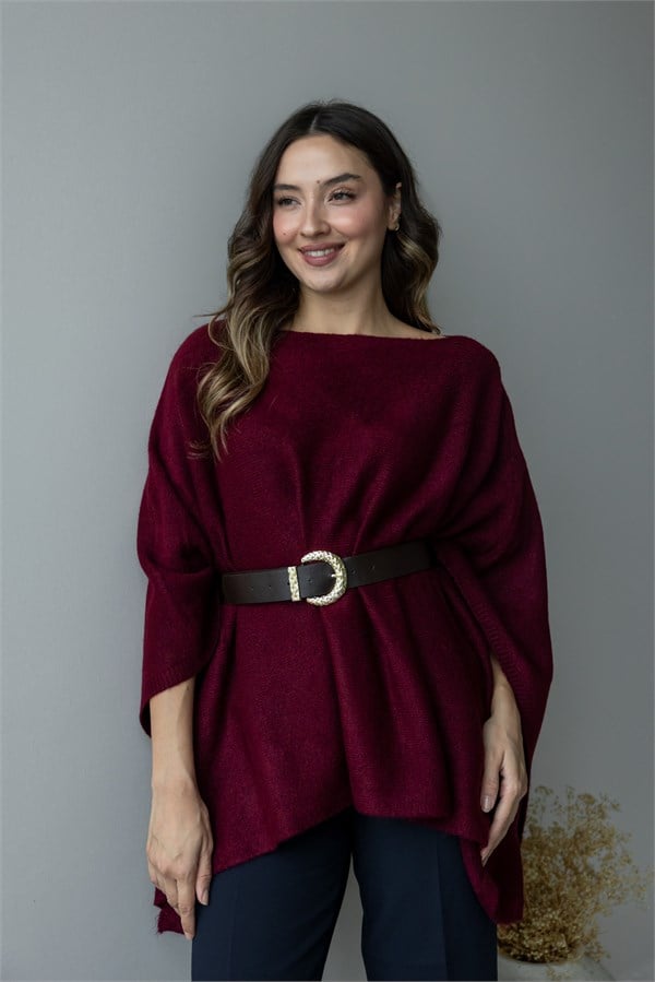 Kayık Yaka Salaş Triko Panço - BORDO