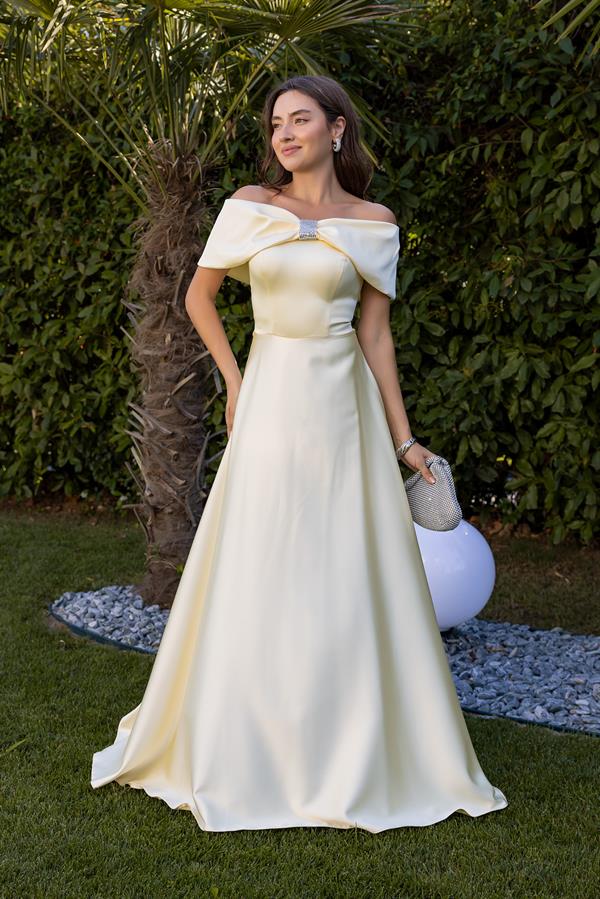 Kayık Yaka Saten Abiye - SARI