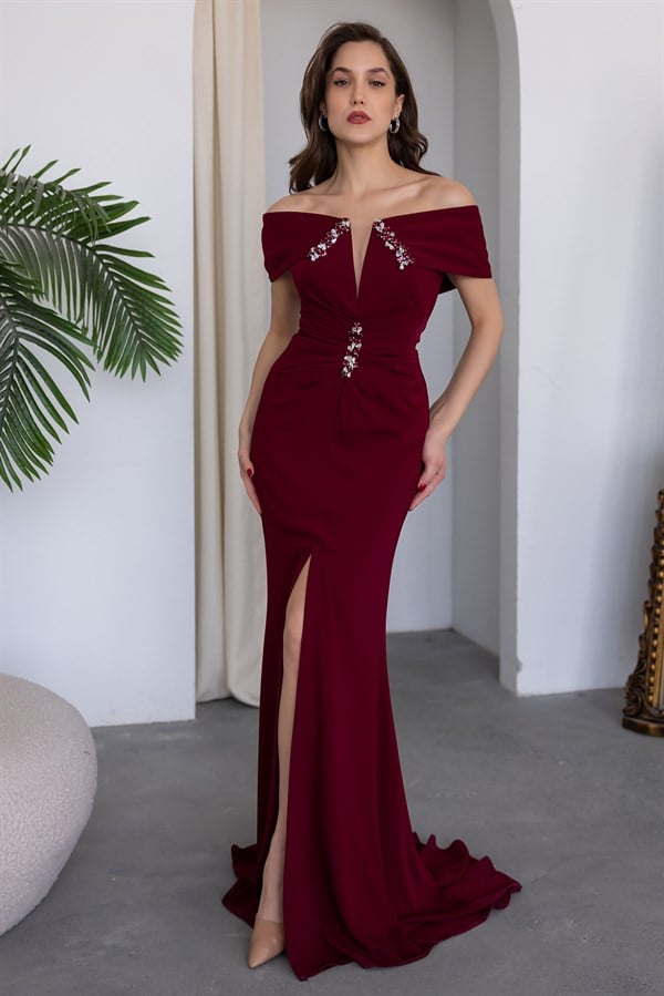 Kayık Yaka Taş Detaylı Abiye - BORDO