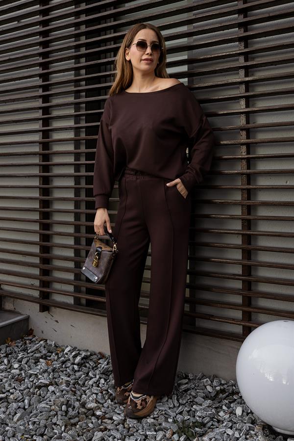 Kayık Yakalı Modal Takım - KAHVERENGİ