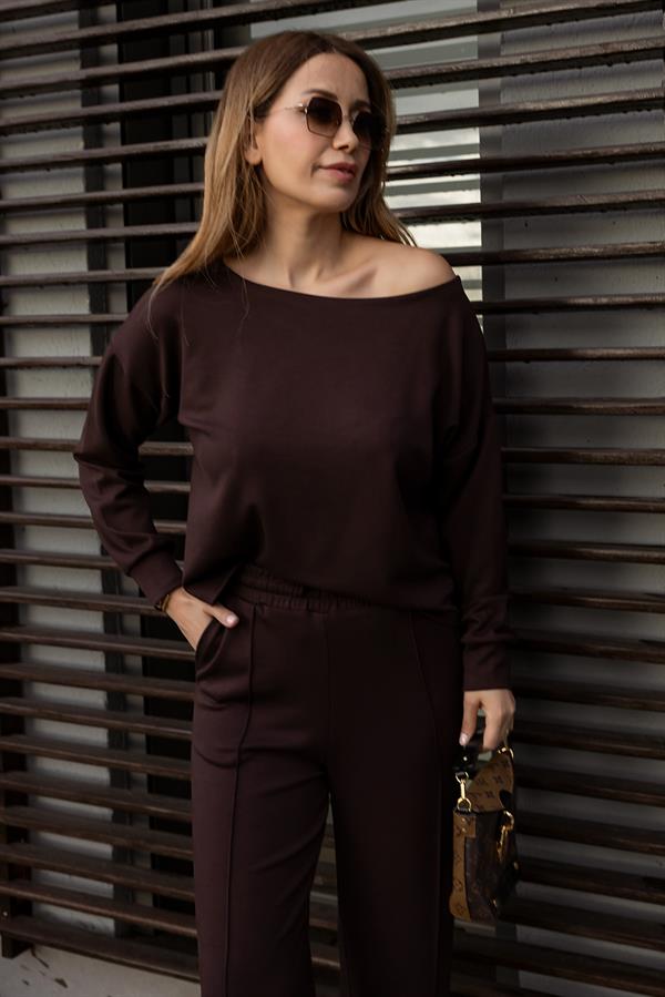 Kayık Yakalı Modal Takım - KAHVERENGİ