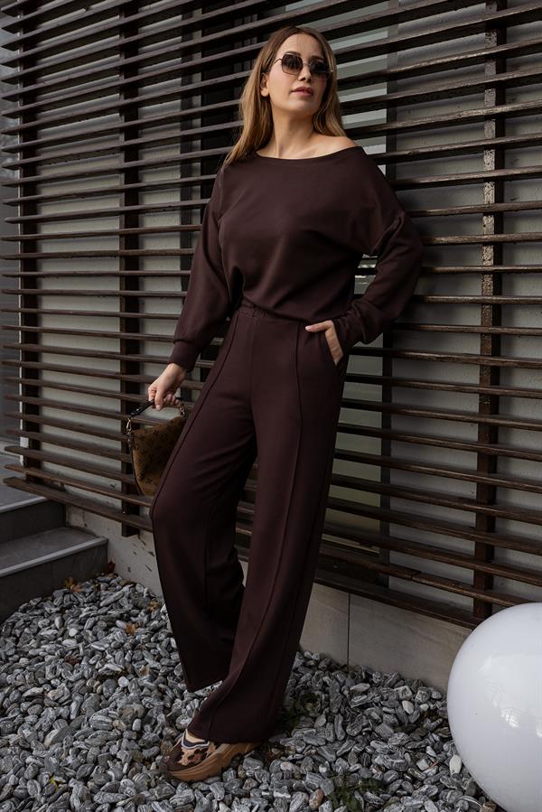 Kayık Yakalı Modal Takım - KAHVERENGİ