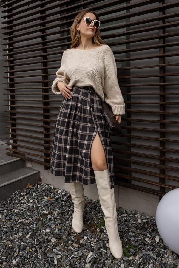 Kemer Detay Ekoseli Etek - SİYAH