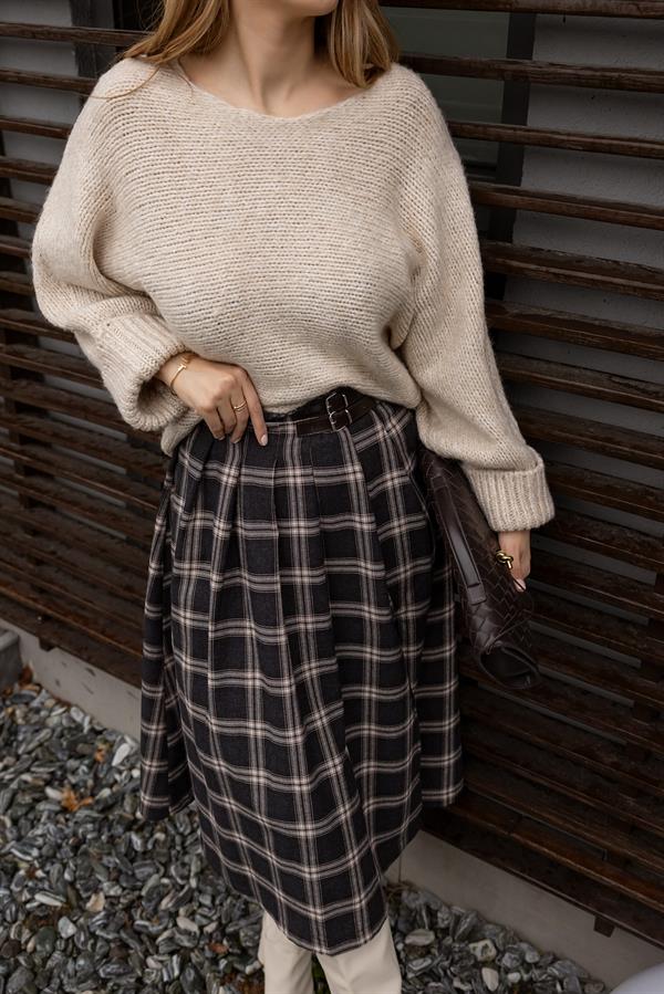 Kemer Detay Ekoseli Etek - SİYAH