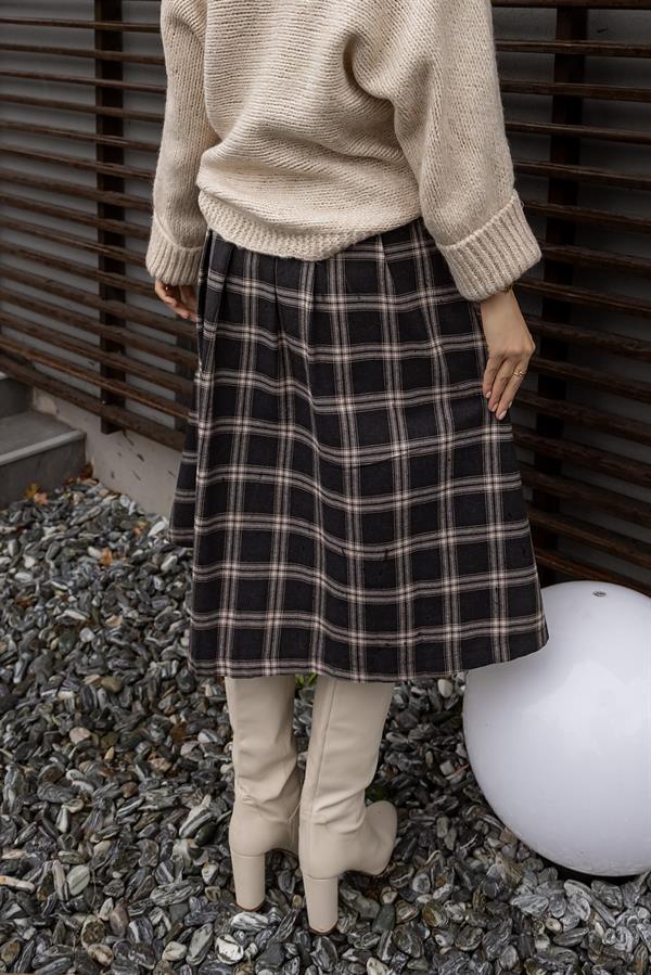 Kemer Detay Ekoseli Etek - SİYAH