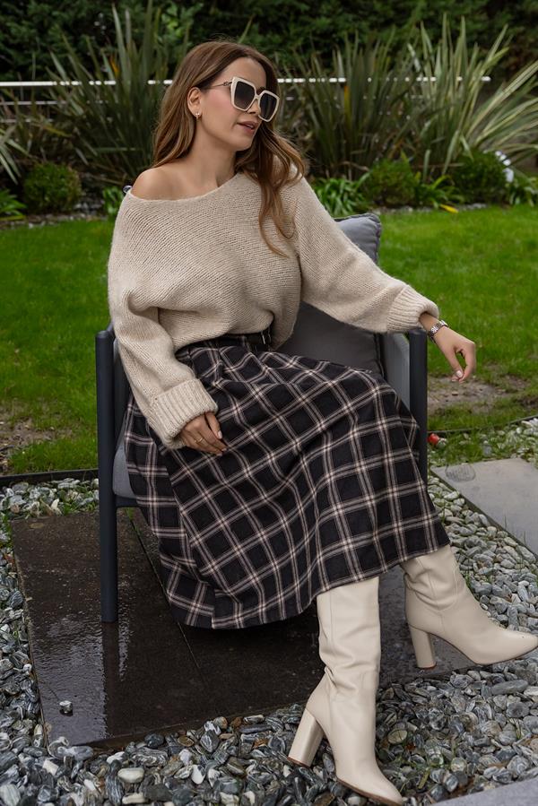 Kemer Detay Ekoseli Etek - SİYAH