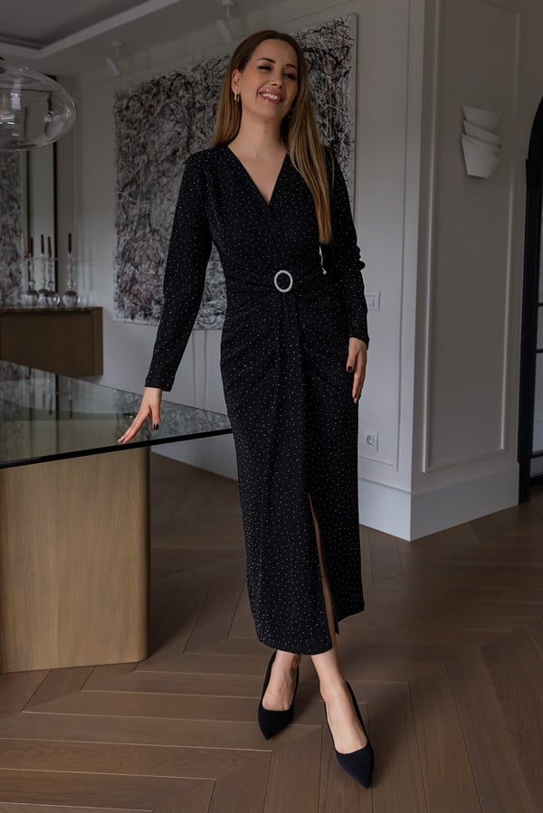 Kemer Detaylı Işıltılı Elbise - SİYAH