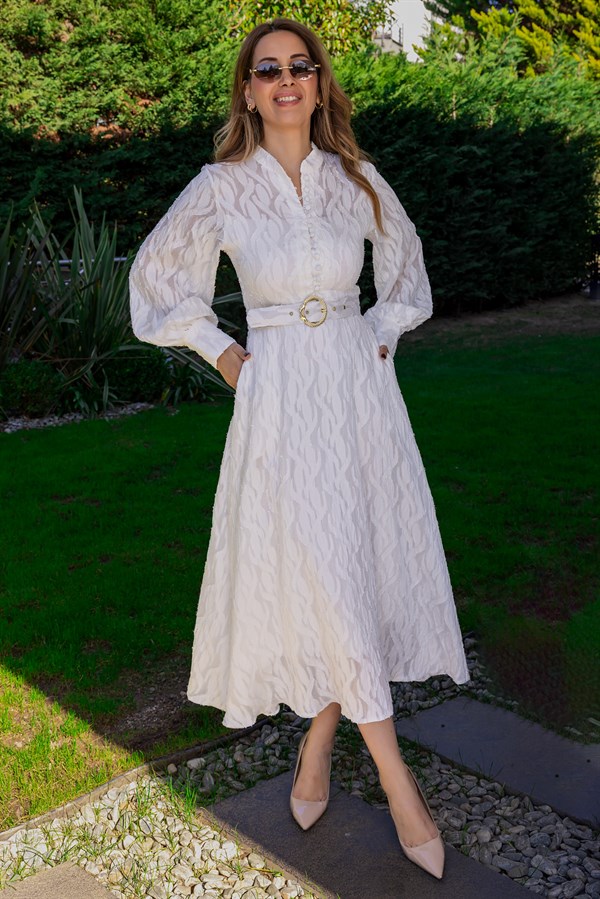 Kemerli  Balon Kol Desenli Elbise - EKRU