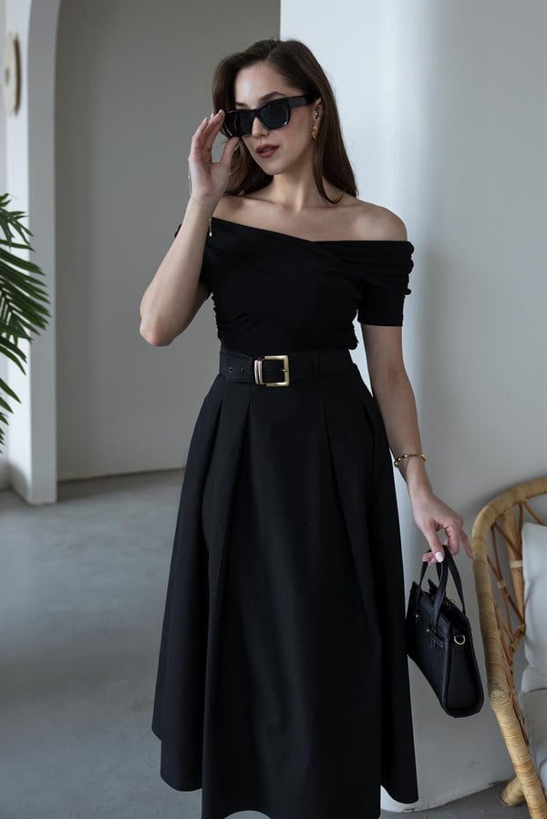 Kemerli Belden Oturmalı Elbise - SİYAH