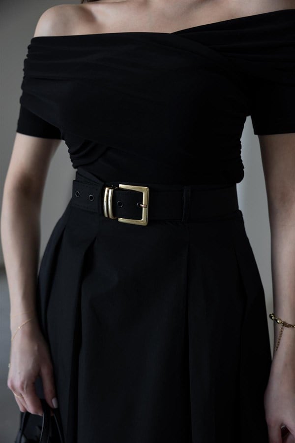 Kemerli Belden Oturmalı Elbise - SİYAH