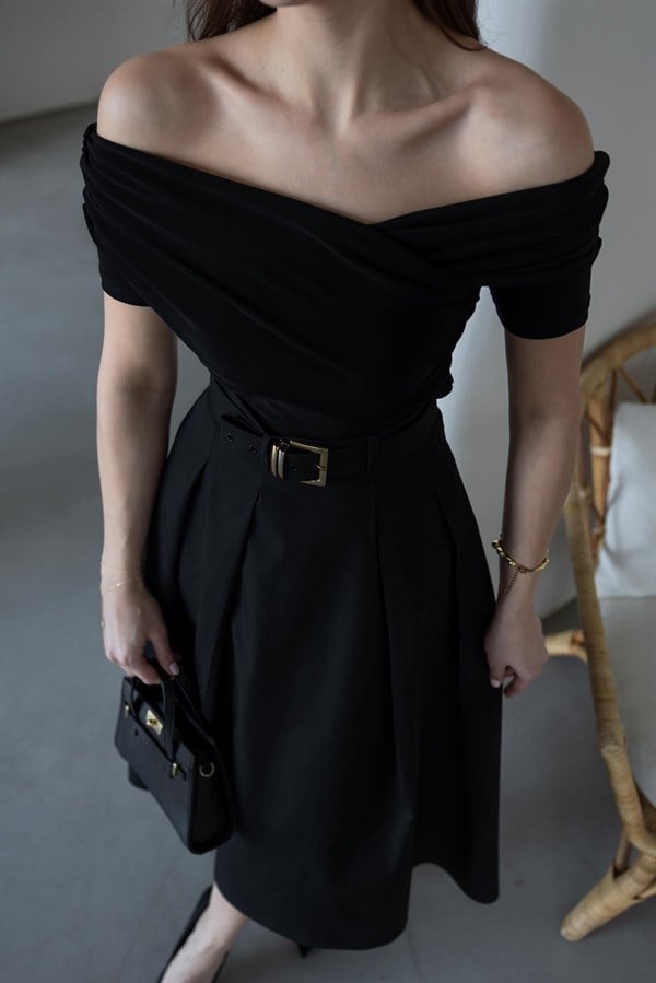 Kemerli Belden Oturmalı Elbise - SİYAH