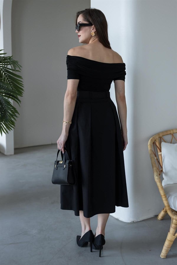 Kemerli Belden Oturmalı Elbise - SİYAH