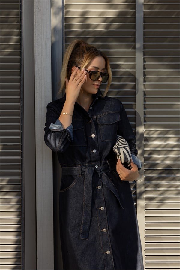 Kemerli Cep Detaylı Denim Elbise - LACİVERT
