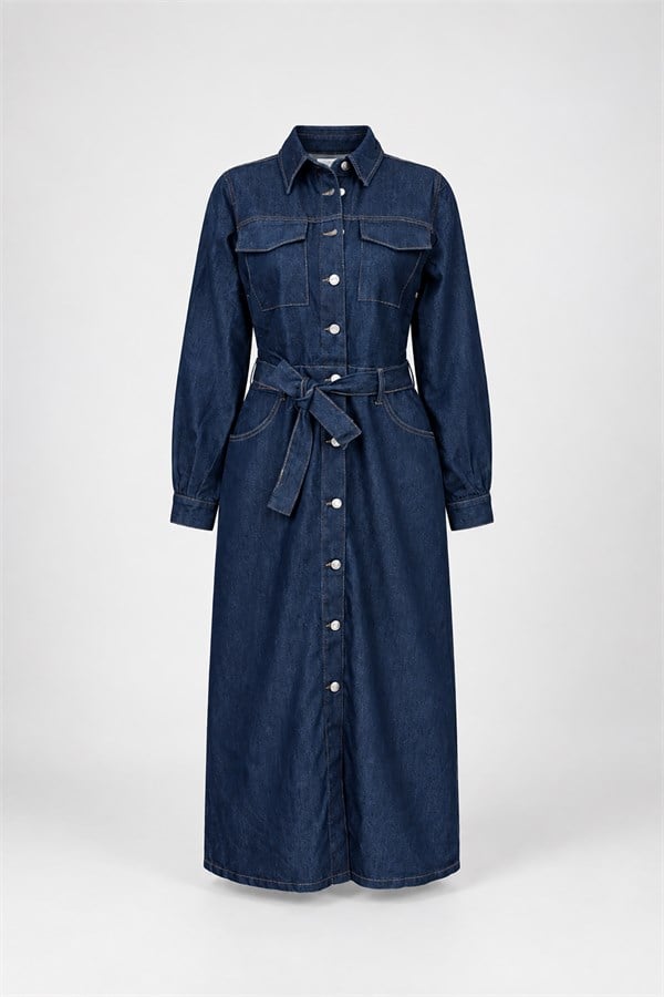 Kemerli Cep Detaylı Denim Elbise - LACİVERT