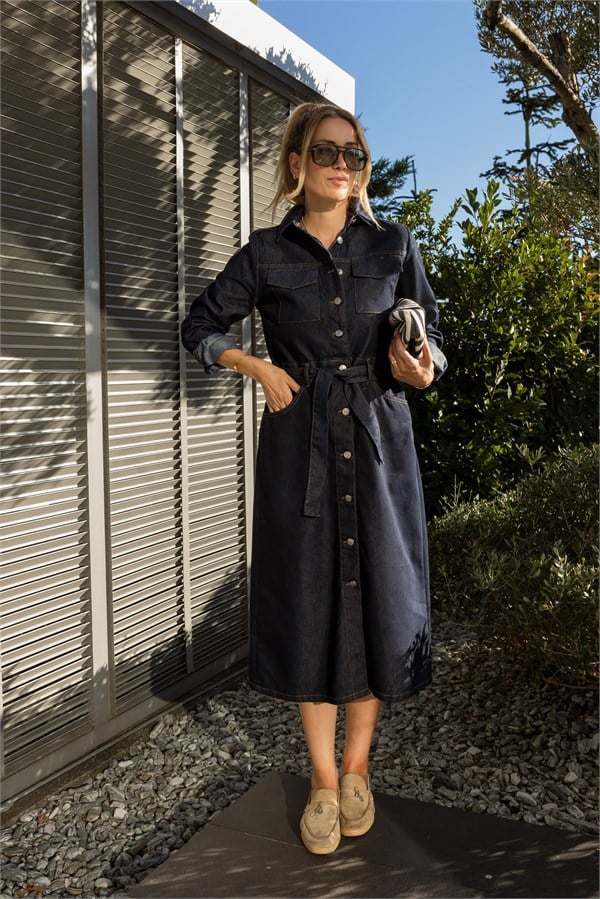 Kemerli Cep Detaylı Denim Elbise - LACİVERT