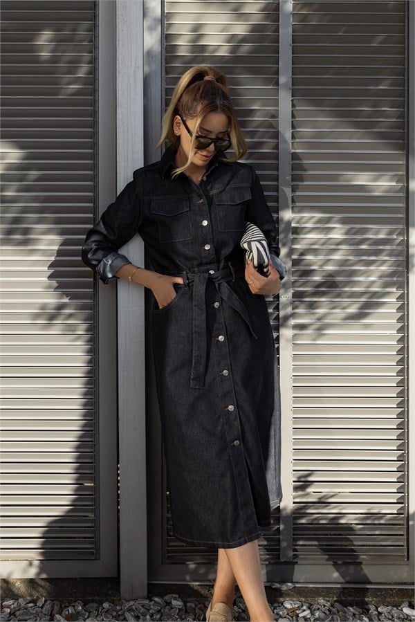 Kemerli Cep Detaylı Denim Elbise - LACİVERT