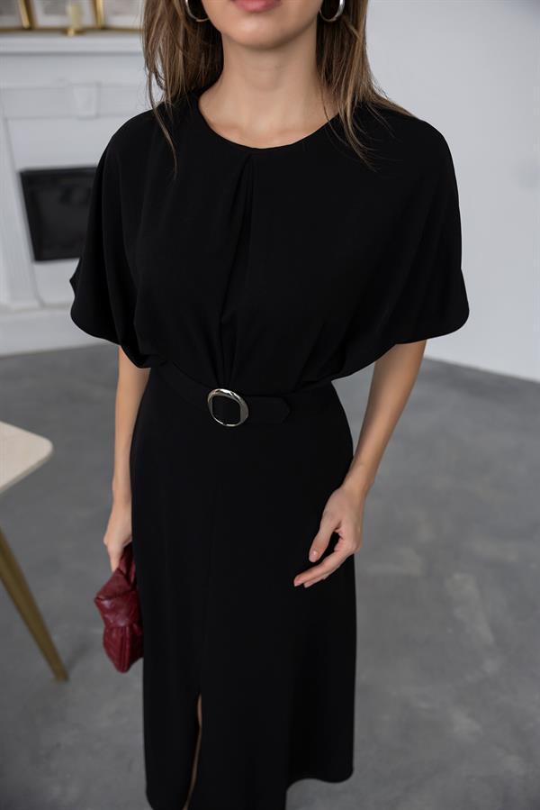 Kemerli Esnek Elbise - SİYAH