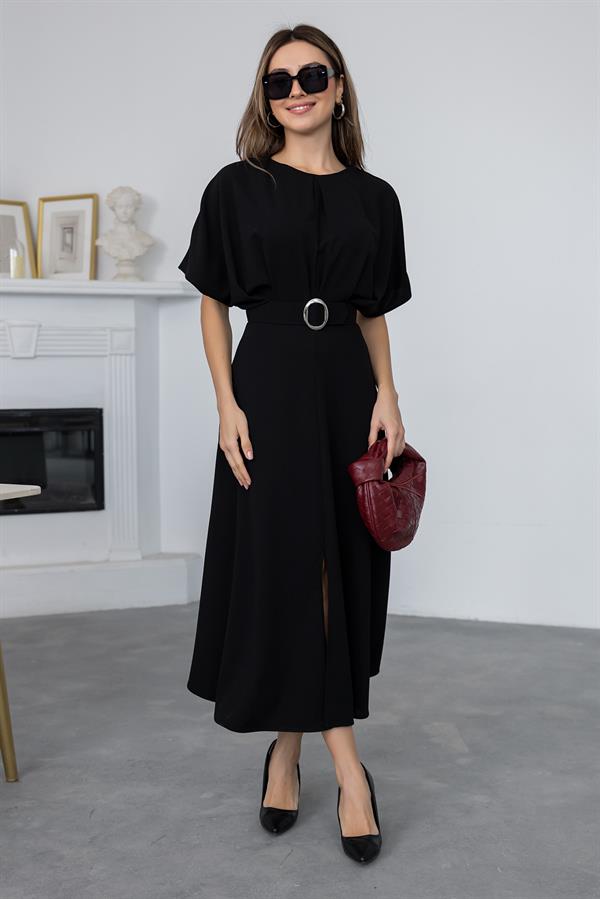 Kemerli Esnek Elbise - SİYAH