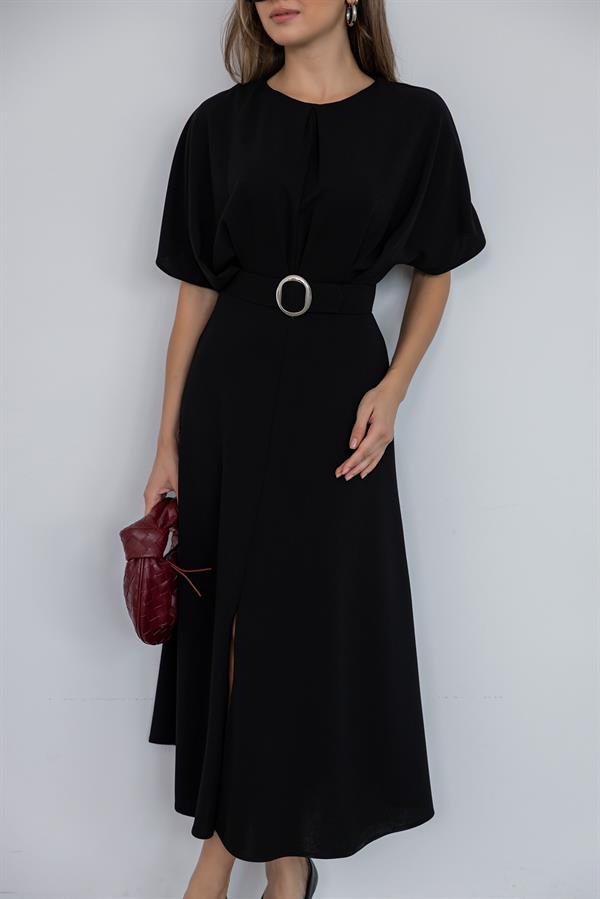 Kemerli Esnek Elbise - SİYAH