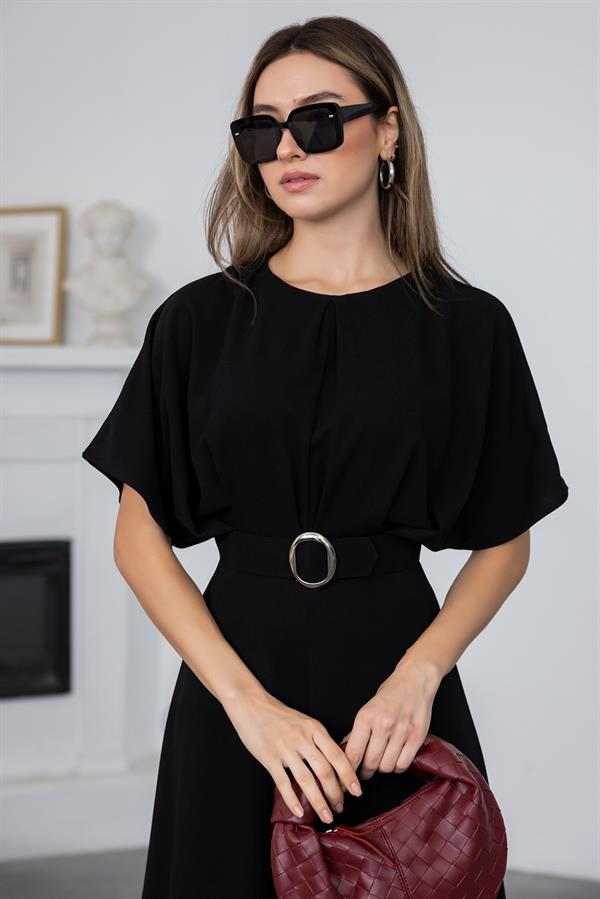 Kemerli Esnek Elbise - SİYAH