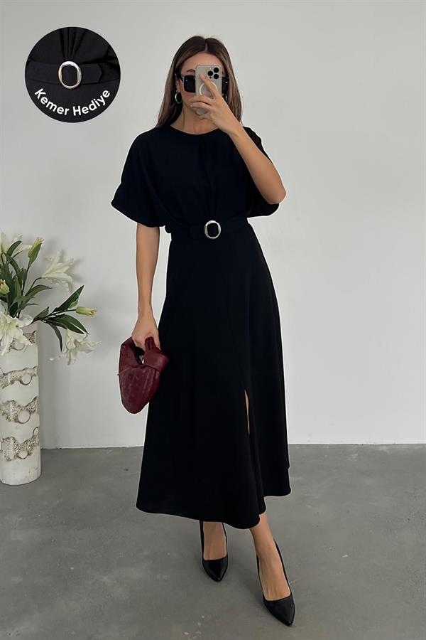 Kemerli Esnek Elbise - SİYAH