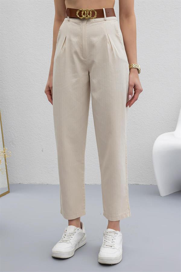 Belted Tapered Trousers - BEIGE