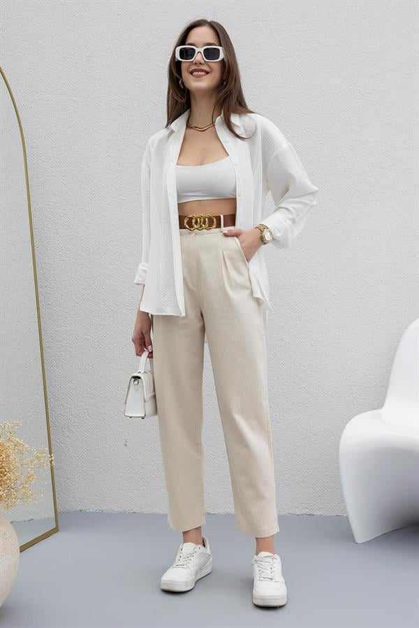 Belted Tapered Trousers - BEIGE