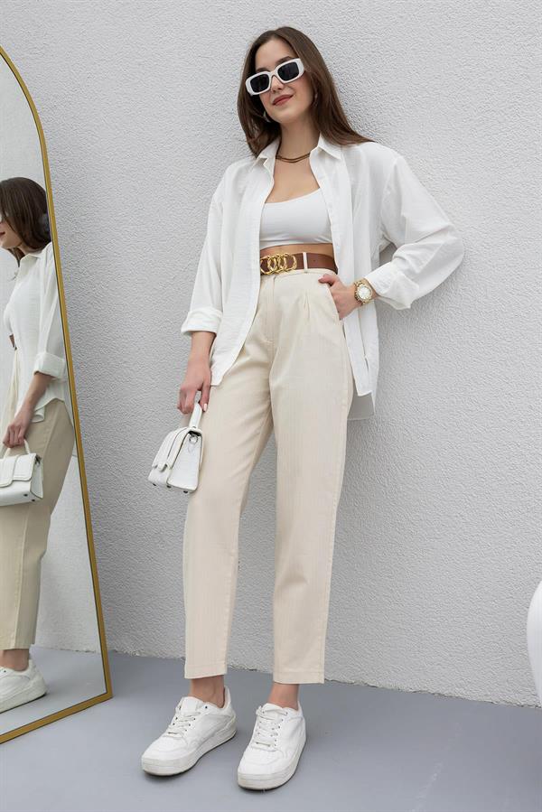 Belted Tapered Trousers - BEIGE