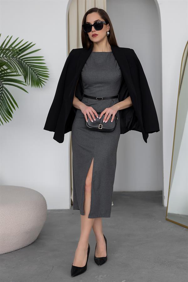 Belted Pencil Dress - Grey