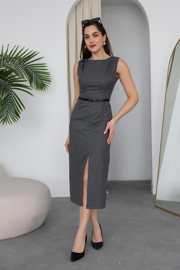 Belted Pencil Dress - Grey