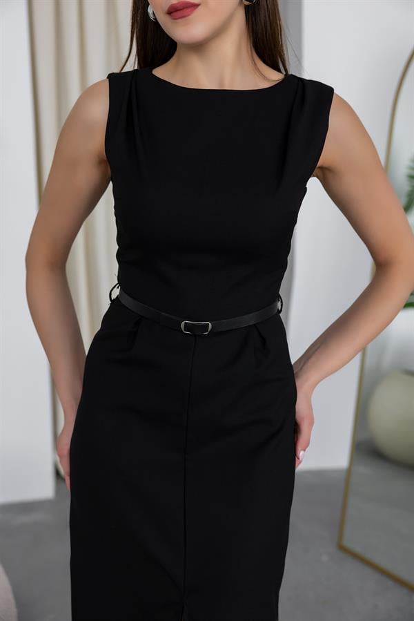 Kemerli Kalem Elbise - SİYAH