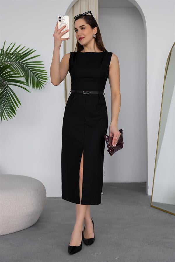 Kemerli Kalem Elbise - SİYAH