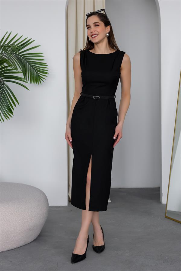 Kemerli Kalem Elbise - SİYAH