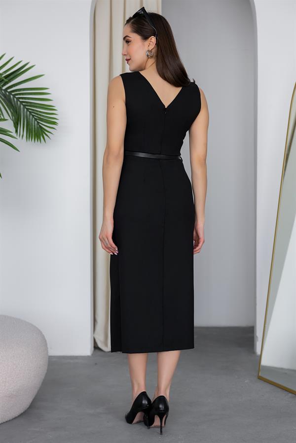 Kemerli Kalem Elbise - SİYAH