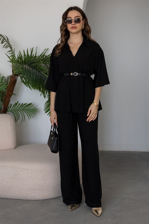 Kemerli Keten Takım - SİYAH