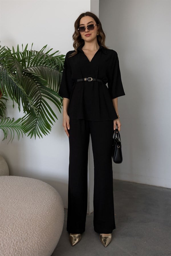 Kemerli Keten Takım - SİYAH